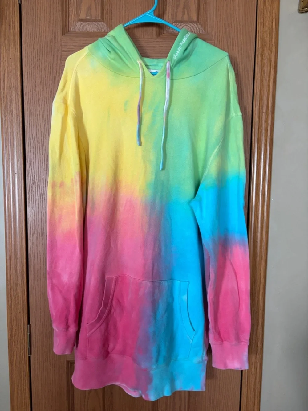 PINK Tie-Dye Hoodie Dress with Lime, Blue & Pink Accents - Picture 1 of 4